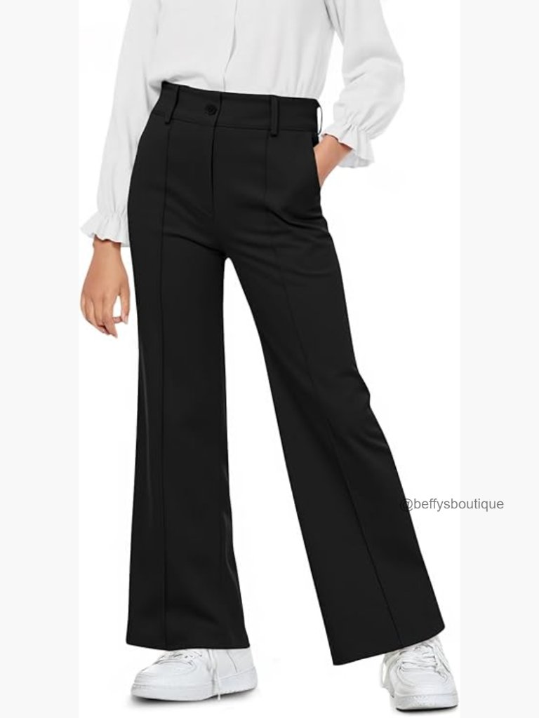 Girls Wide Leg Uniform Pants Elastic High Waist Dress Slacks Pockets 5-14
